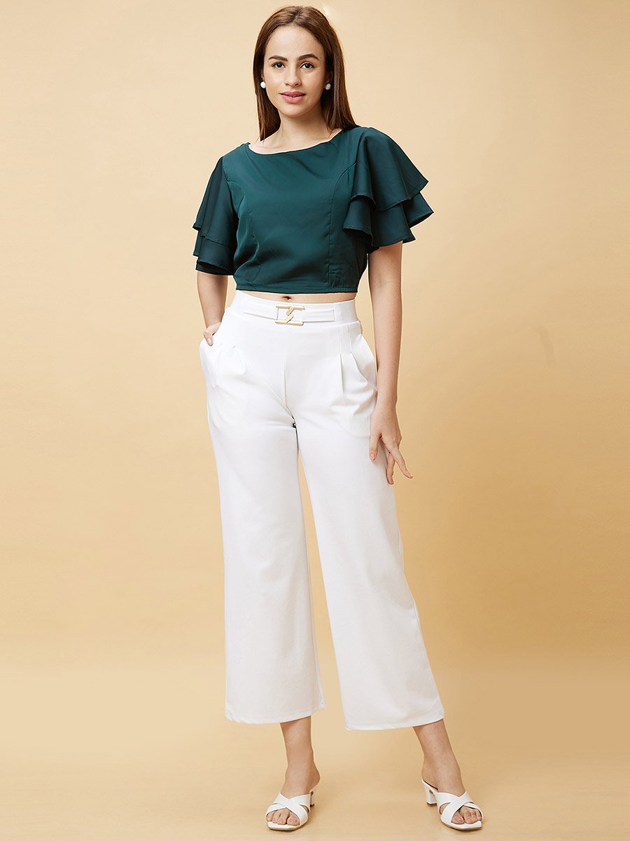 Solid Layered Flared Sleeve Cropped Top
