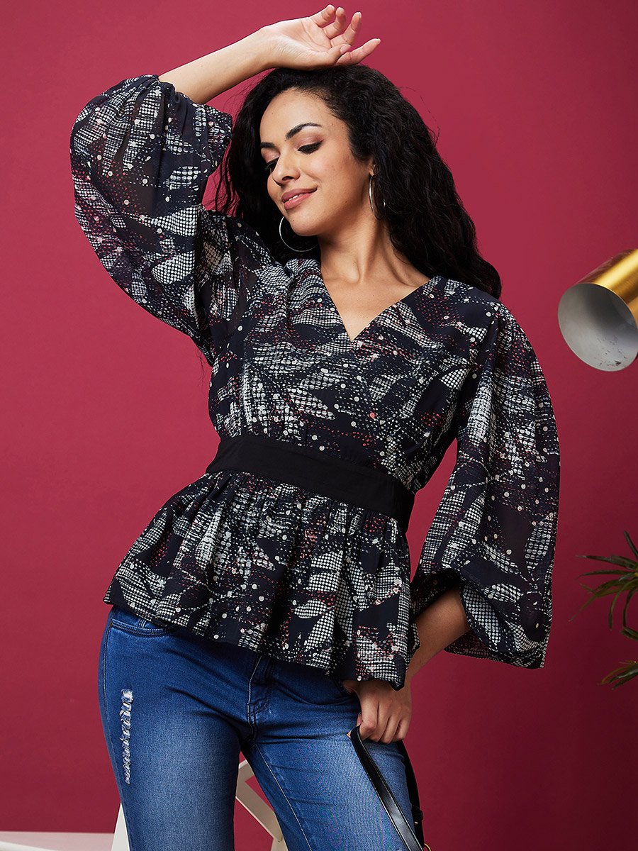 Floral Printed Balloon Sleeves V-Neck Top