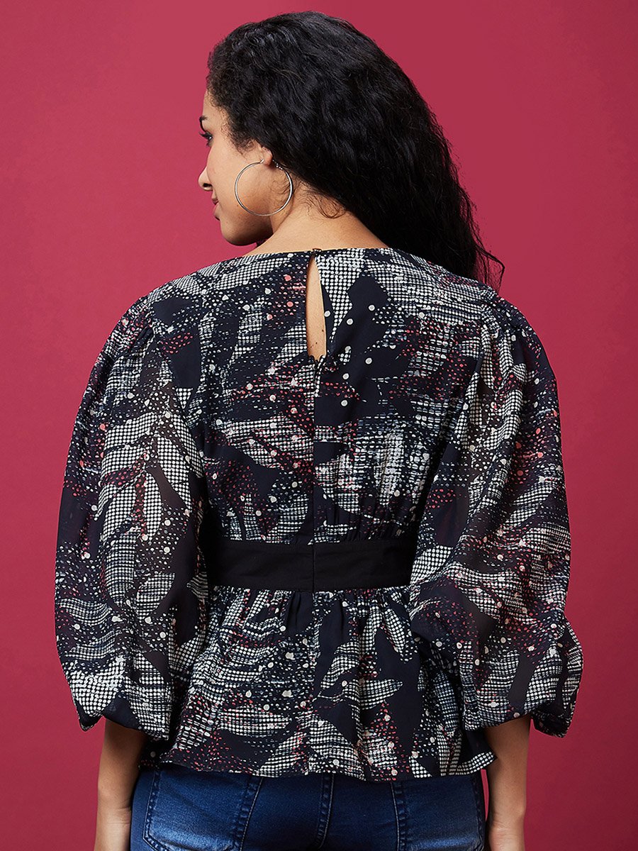 Floral Printed Balloon Sleeves V-Neck Top