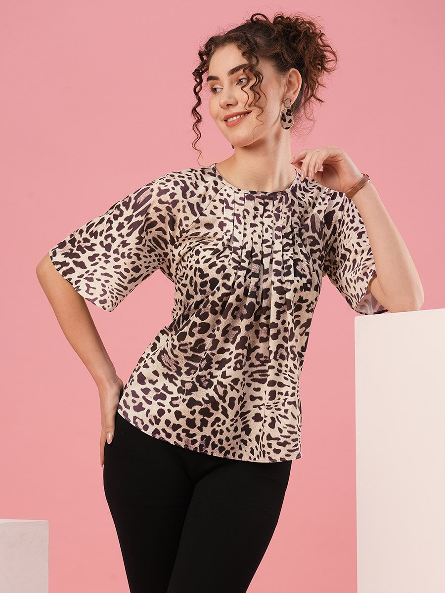 Animal Print Round Neck Pleated Detail Top