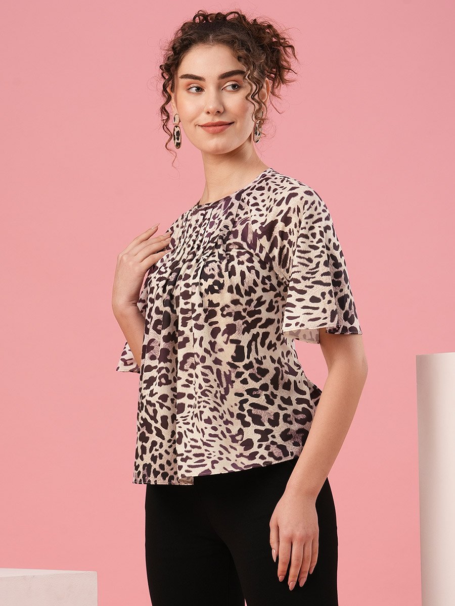 Animal Print Round Neck Pleated Detail Top