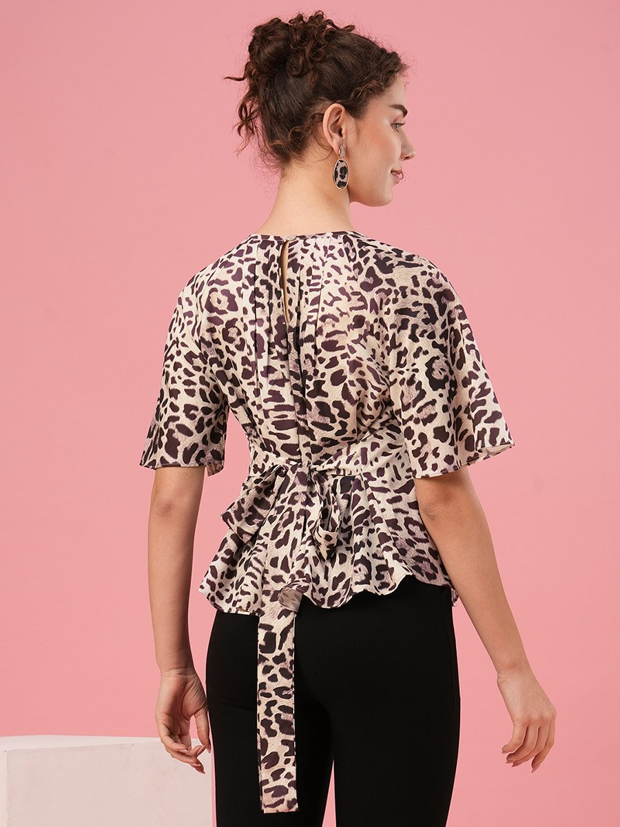 Animal Print Round Neck Pleated Detail Top