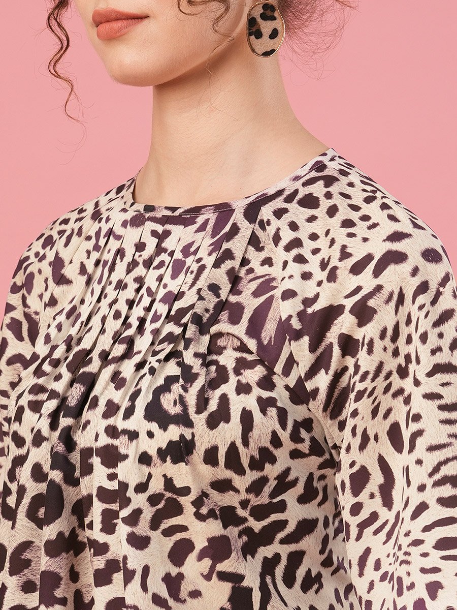 Animal Print Round Neck Pleated Detail Top