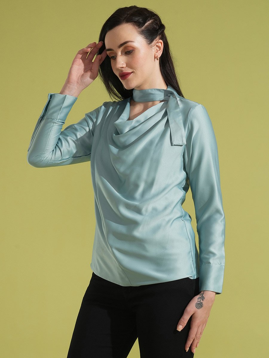 Solid Cowl Neck Stain Top with Tie-Up Detail