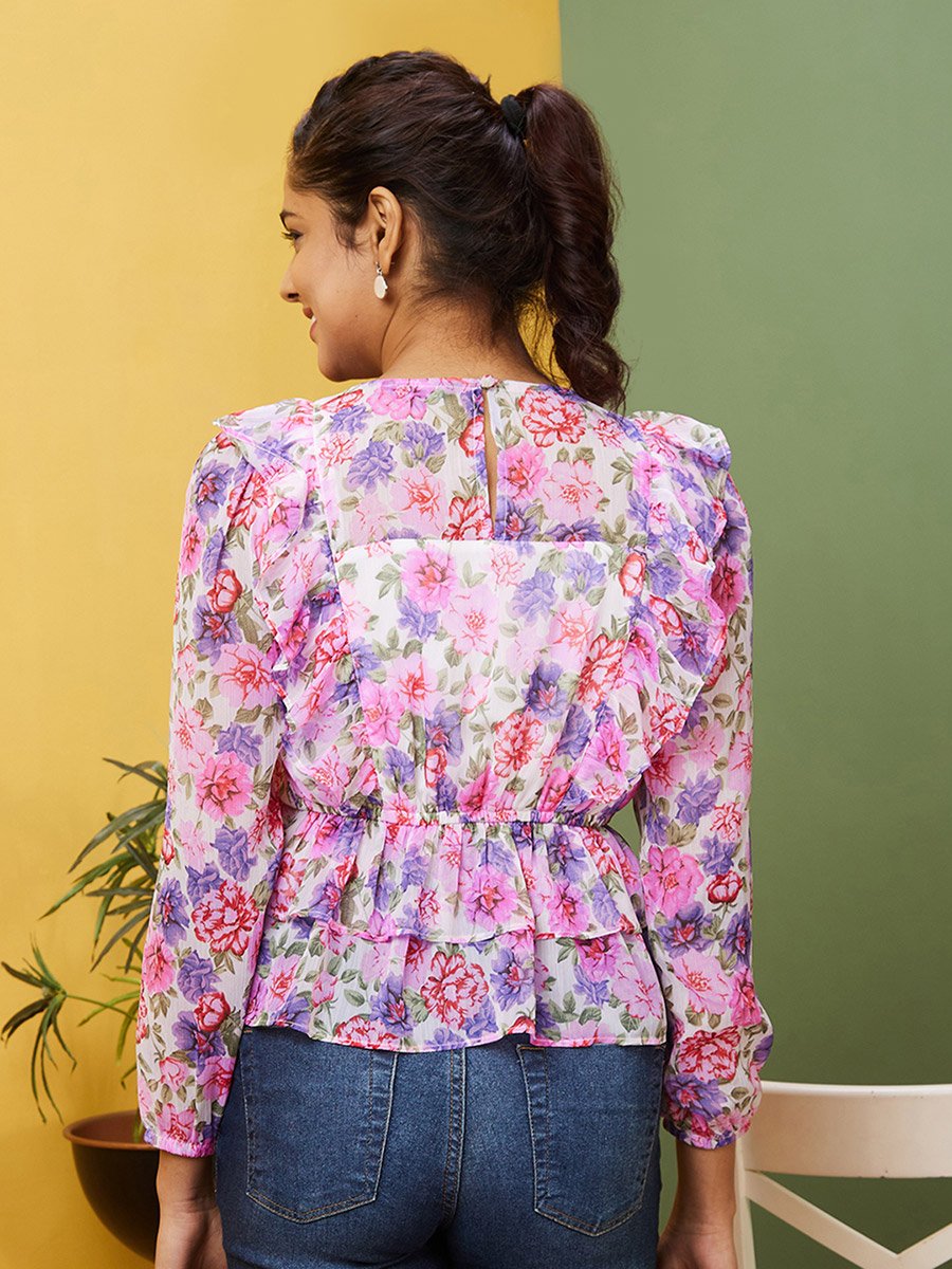 Floral Printed V-Neck Puff Sleeve Ruffled Top
