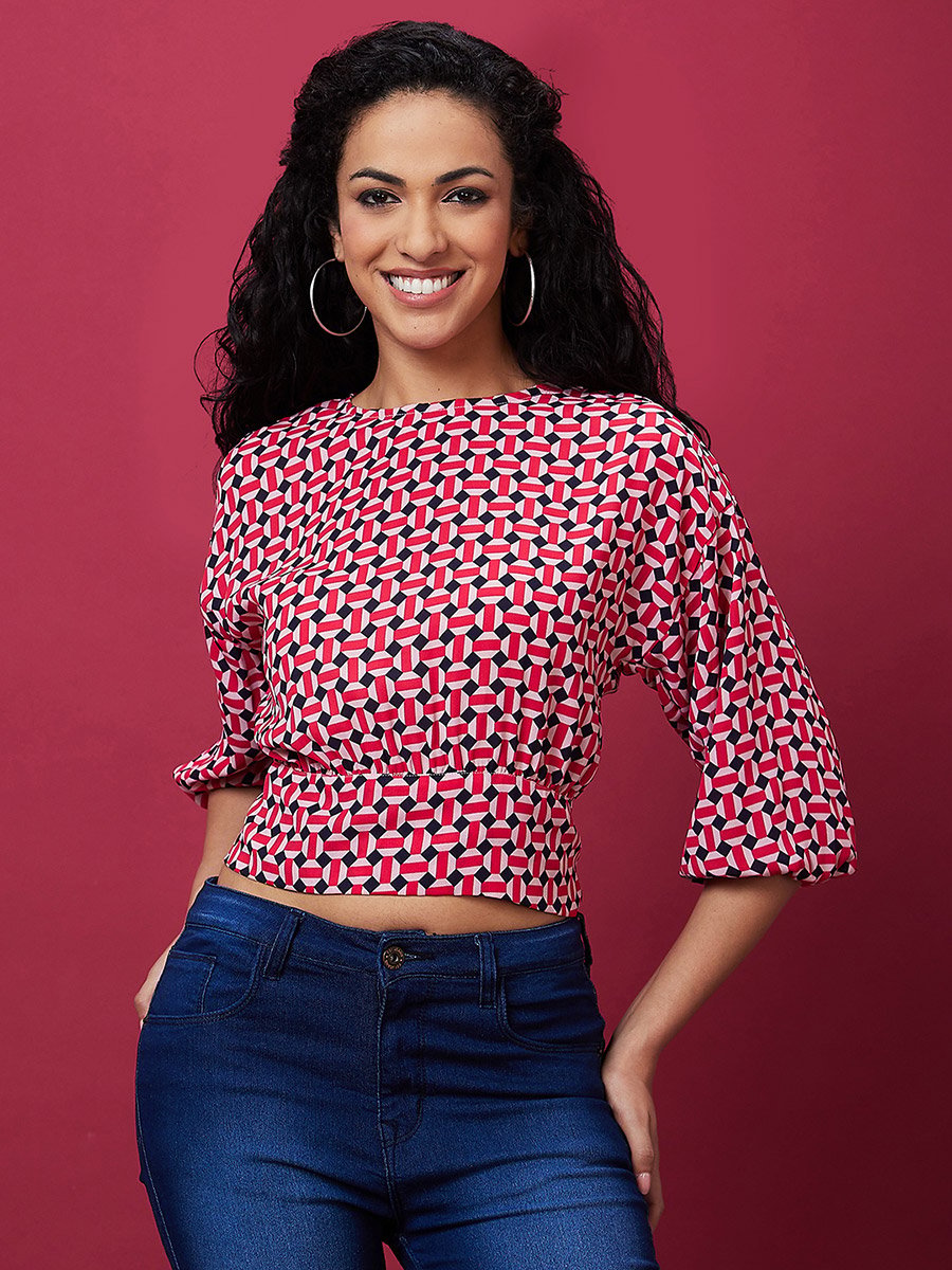 Printed Back Bow Tie Up Crop Top