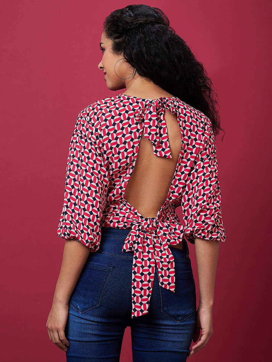 Printed Back Bow Tie Up Crop Top