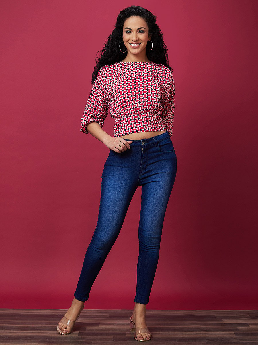 Printed Back Bow Tie Up Crop Top