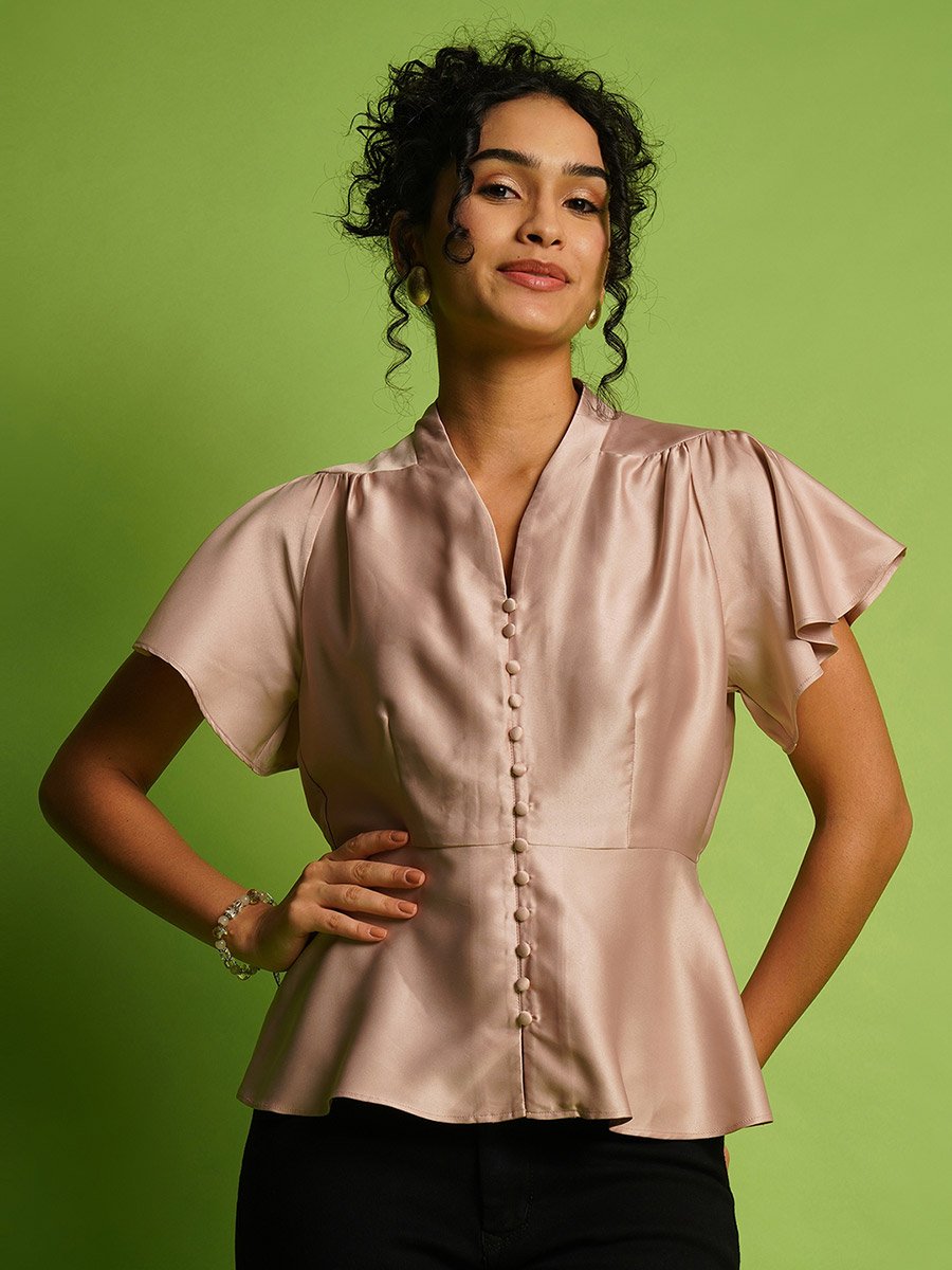 Solid Satin V-Neck Flutter Sleeve Peplum Top