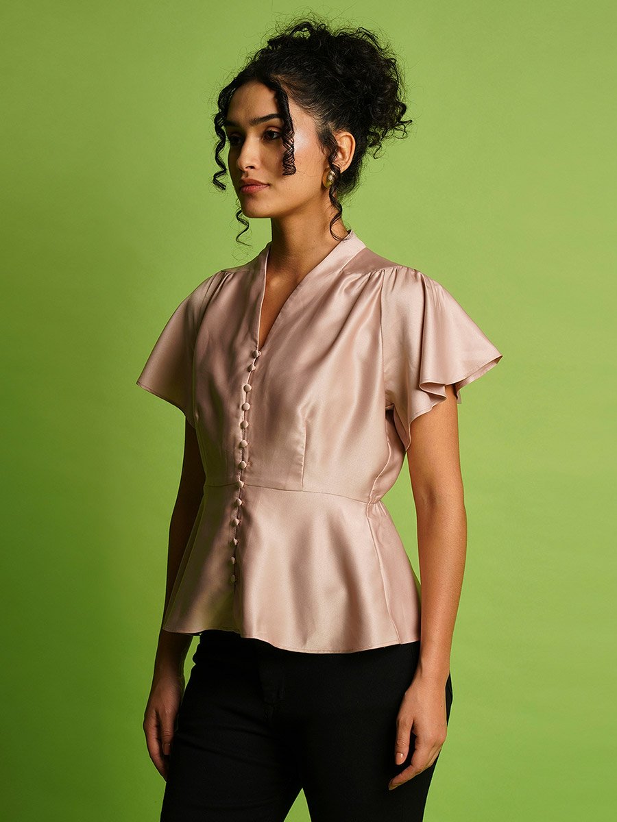 Solid Satin V-Neck Flutter Sleeve Peplum Top