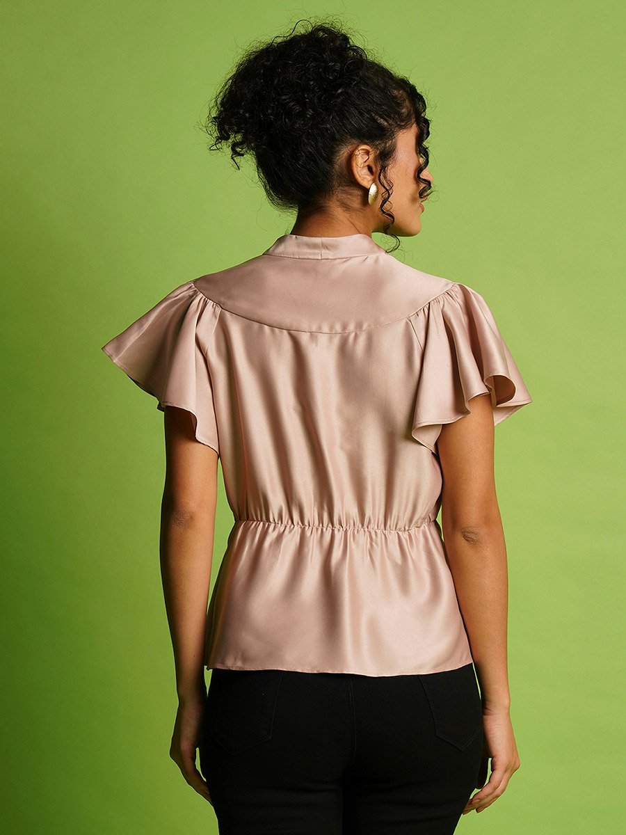 Solid Satin V-Neck Flutter Sleeve Peplum Top