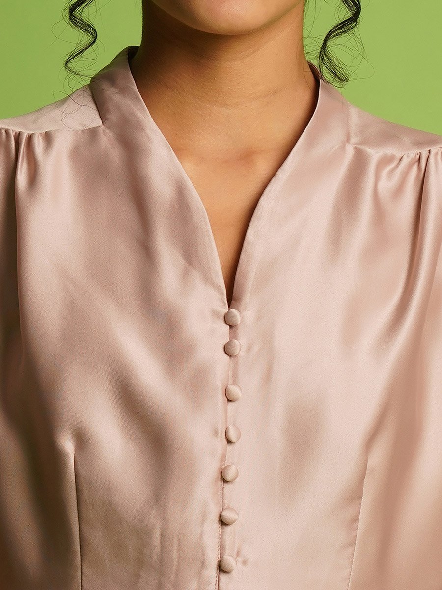 Solid Satin V-Neck Flutter Sleeve Peplum Top
