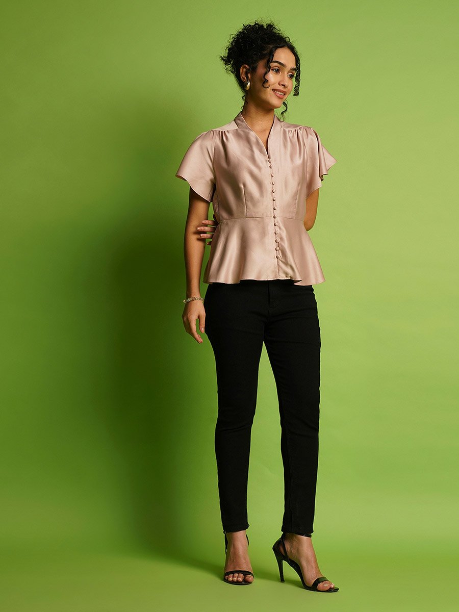 Solid Satin V-Neck Flutter Sleeve Peplum Top