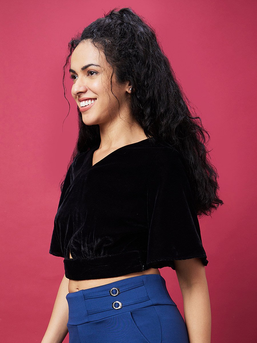 Solid V-Neck Flared Sleeves Velvet Crop Top