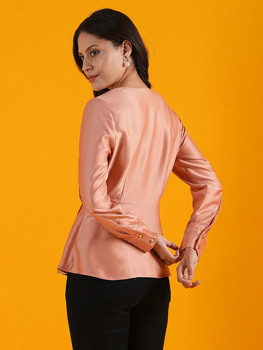 Solid Satin Pleated V-Neck Wrap Top