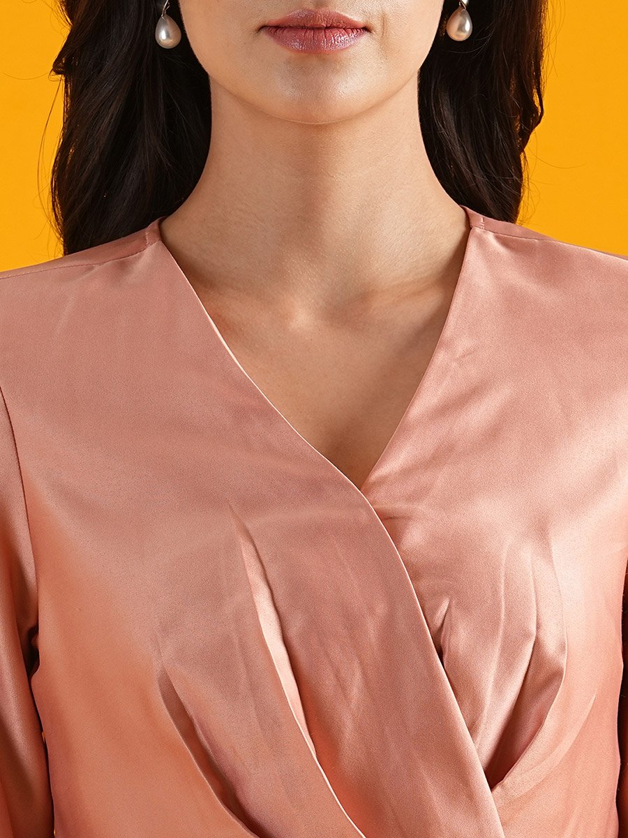 Solid Satin Pleated V-Neck Wrap Top