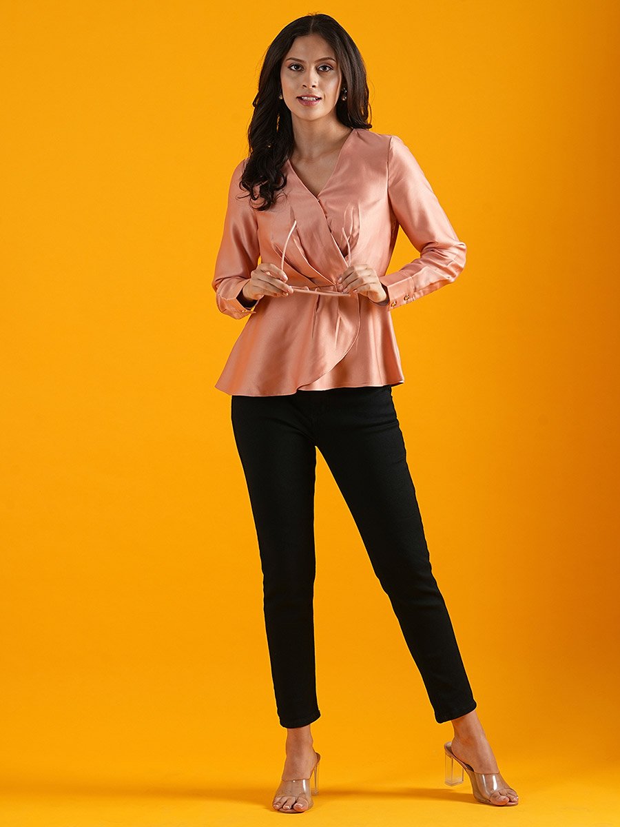 Solid Satin Pleated V-Neck Wrap Top