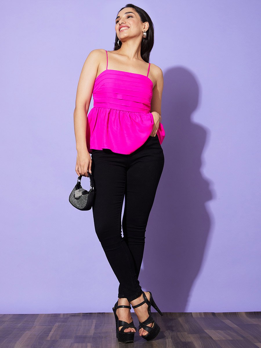 Solid Pleated Detail Strappy Top