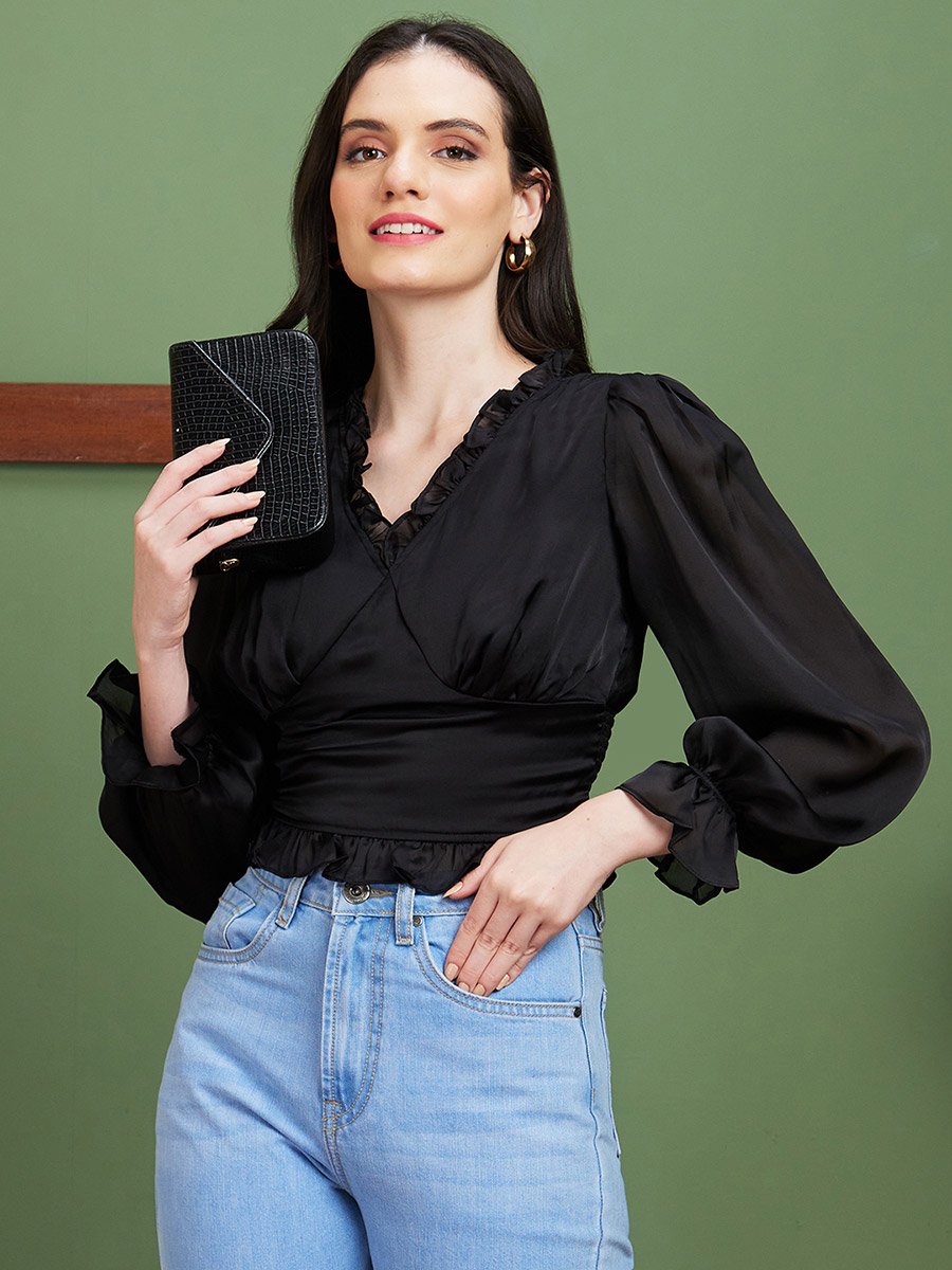 Women Black Solid Ruffled V Neck Crop Top