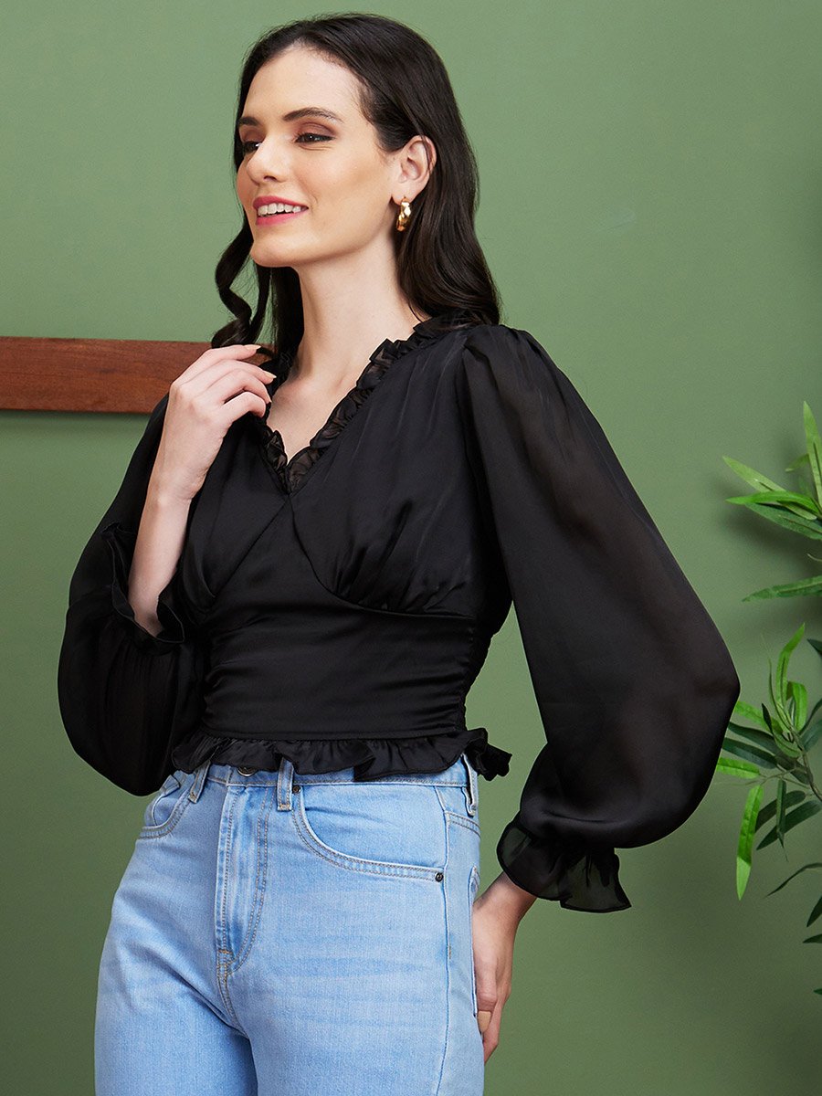 Women Black Solid Ruffled V Neck Crop Top