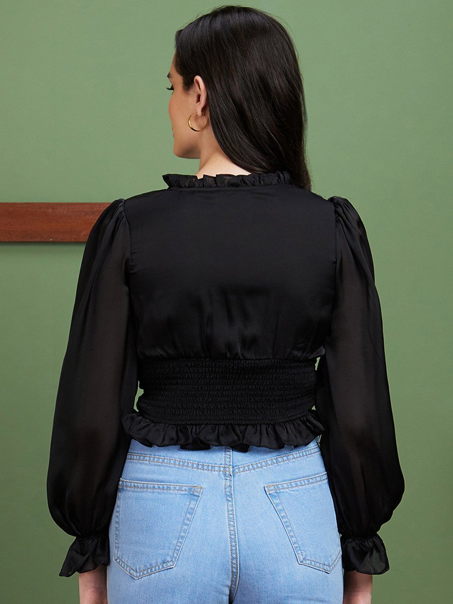 Women Black Solid Ruffled V Neck Crop Top