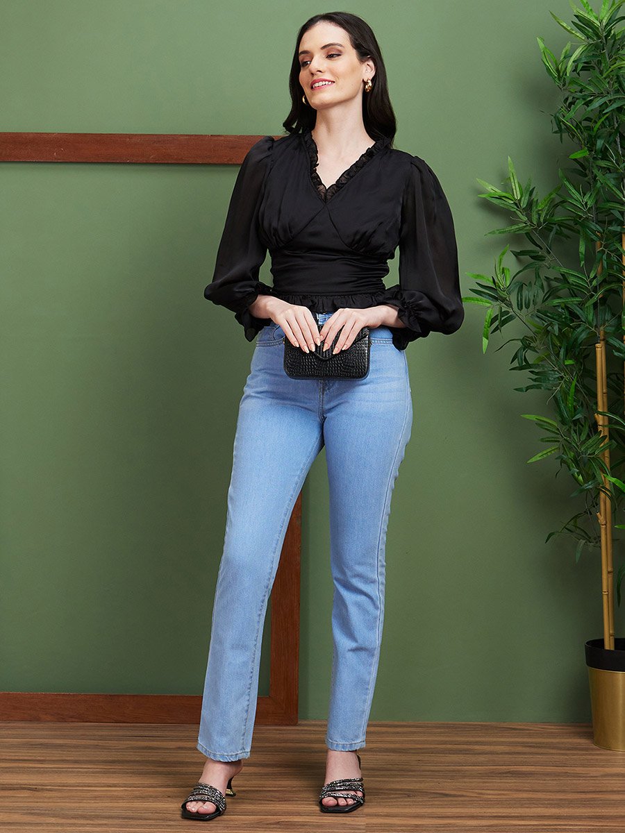 Women Black Solid Ruffled V Neck Crop Top