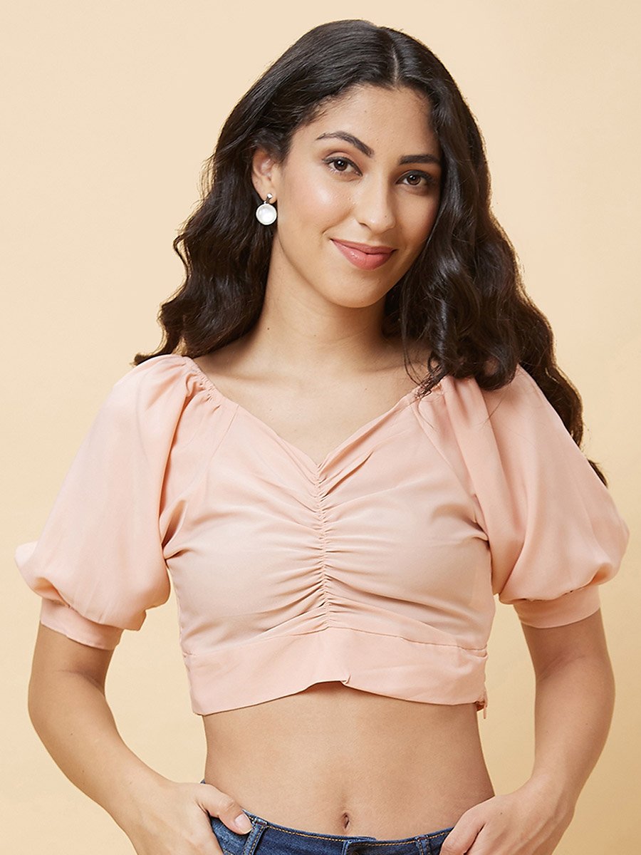 Women Peach Solid Ruched V Neck Crop Top