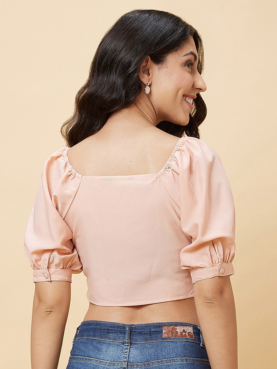 Women Peach Solid Ruched V Neck Crop Top