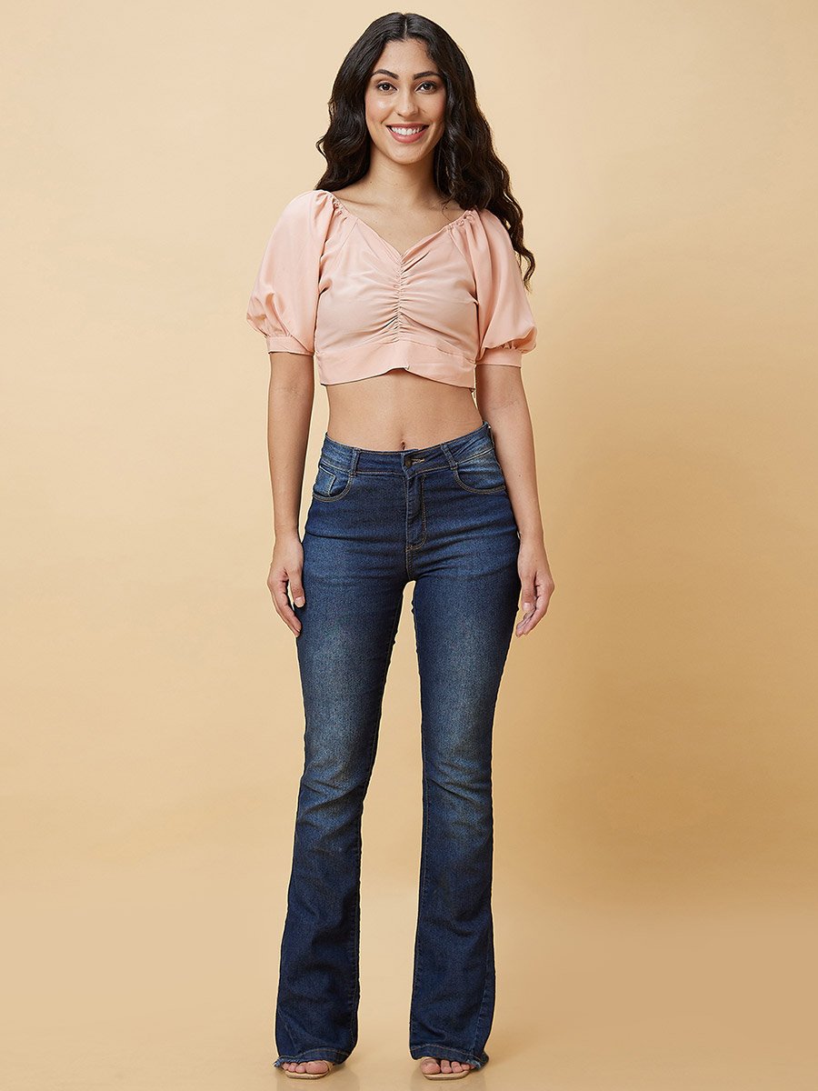 Women Peach Solid Ruched V Neck Crop Top