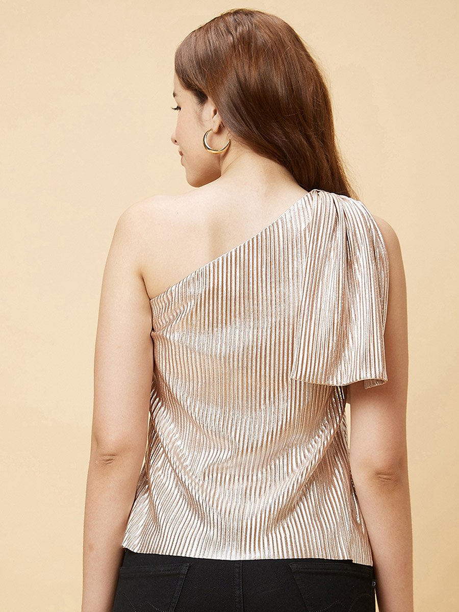 Women Beige Solid One Shoulder Pleated Top