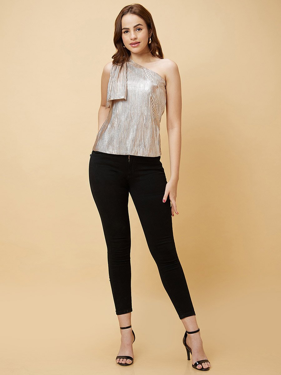 Women Beige Solid One Shoulder Pleated Top