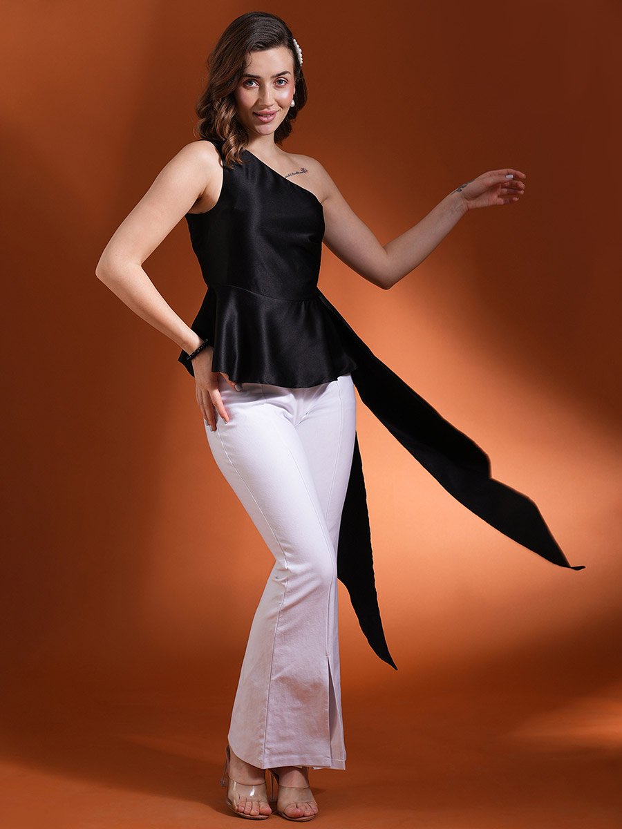 Women Black Solid One Shoulder Satin Peplum Top with Gathered Overlay