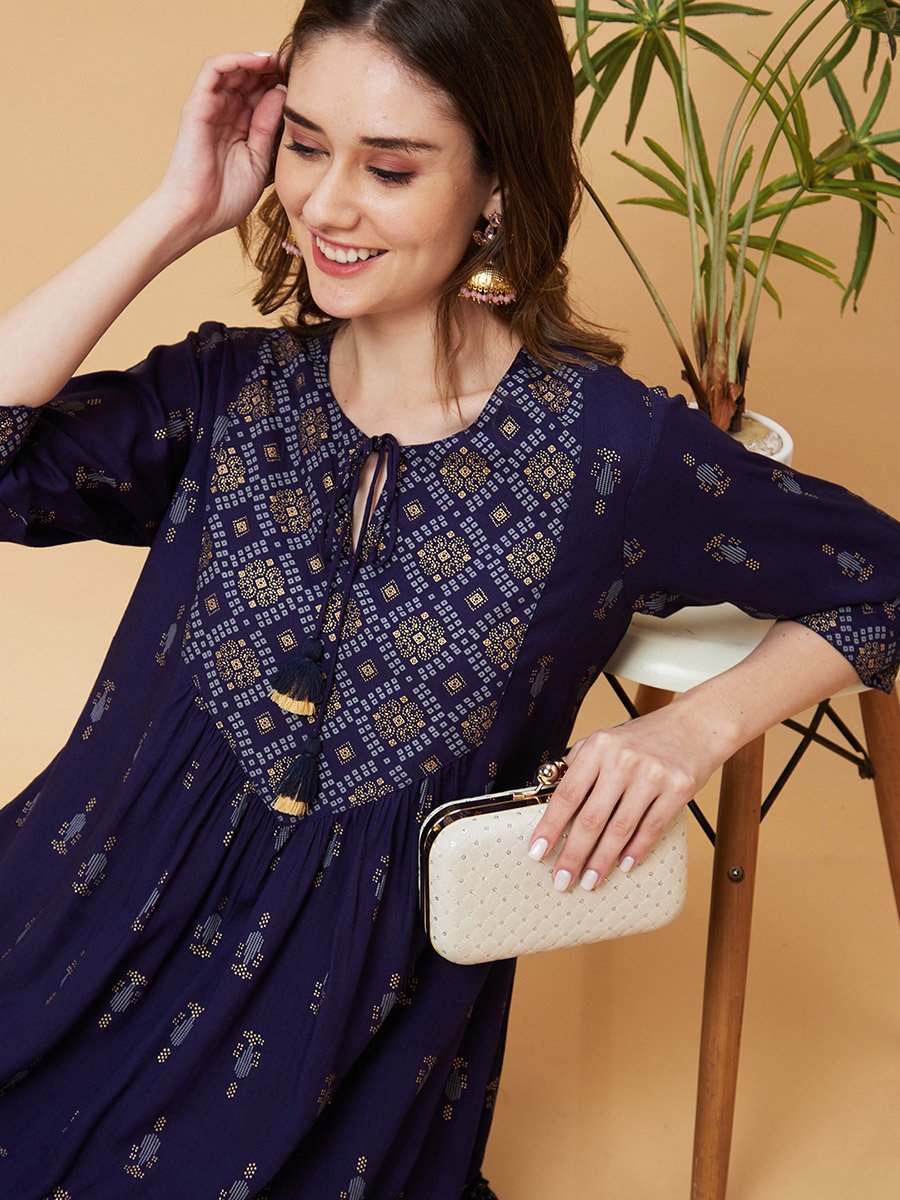 Women Blue Printed Tie-Up Neck A-Line Mini Dress
