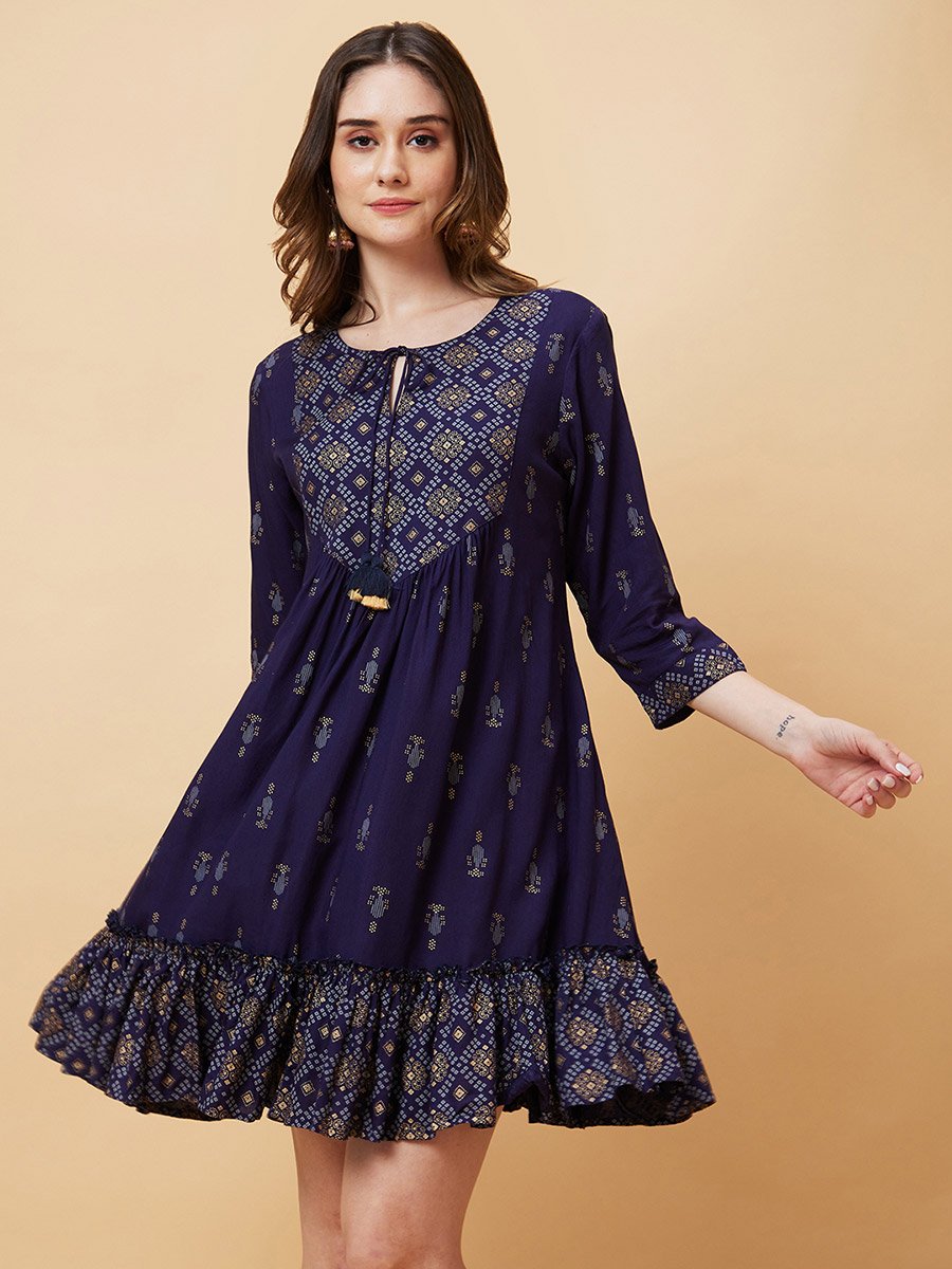 Women Blue Printed Tie-Up Neck A-Line Mini Dress
