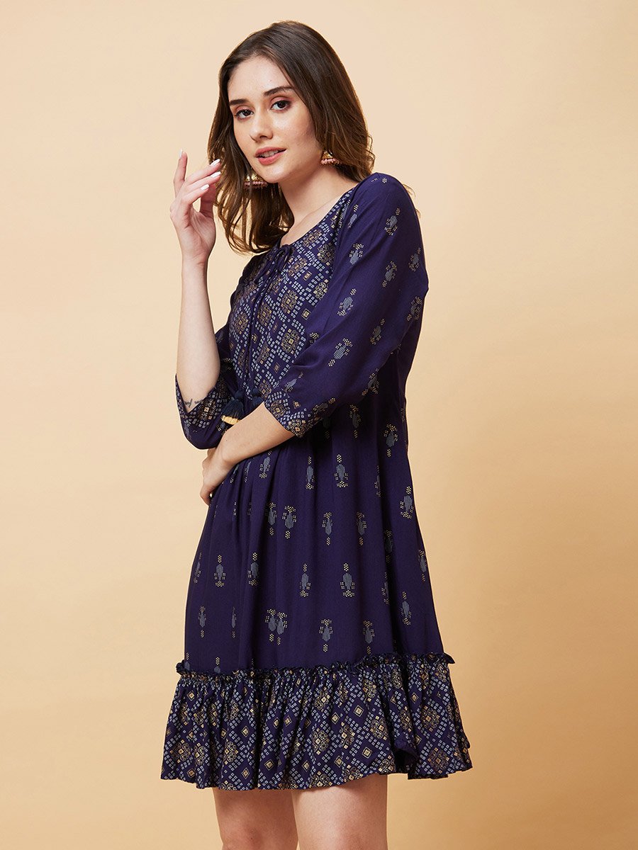 Women Blue Printed Tie-Up Neck A-Line Mini Dress