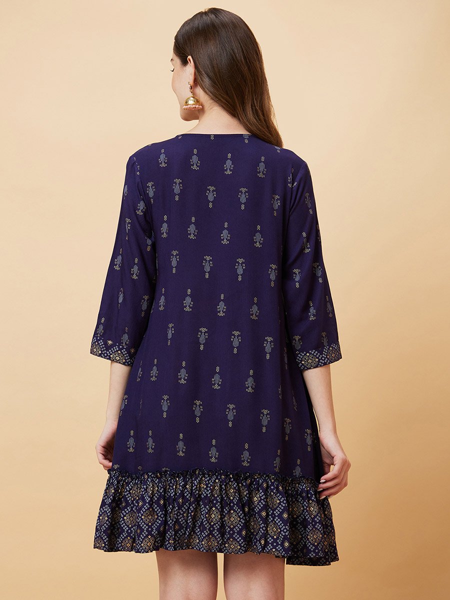 Women Blue Printed Tie-Up Neck A-Line Mini Dress