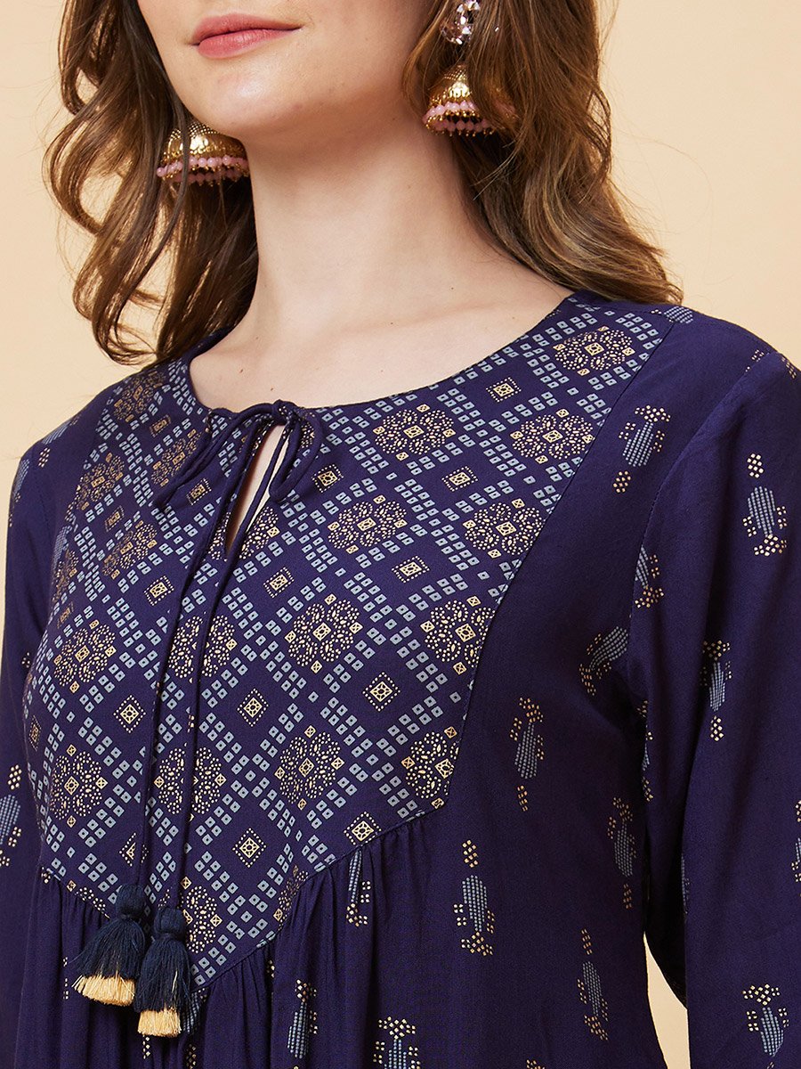Women Blue Printed Tie-Up Neck A-Line Mini Dress