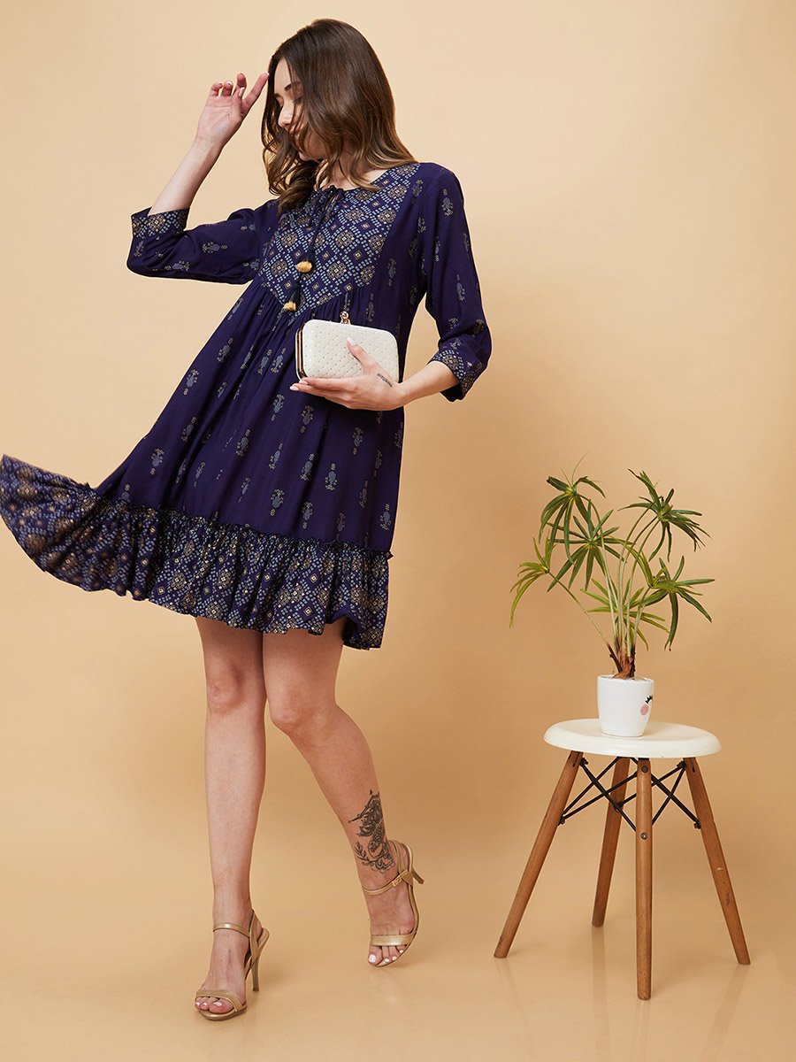 Women Blue Printed Tie-Up Neck A-Line Mini Dress