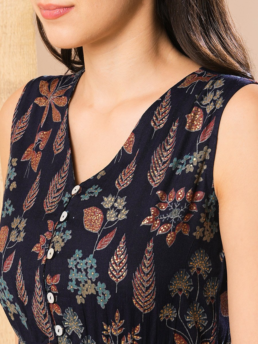 Women Blue Ethnic Motif Printed Sleeveless Tiered Midi Dress