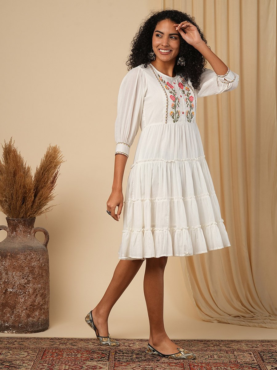 Women Off-White Embroidered Yoke Tiered Knee-Length Dress