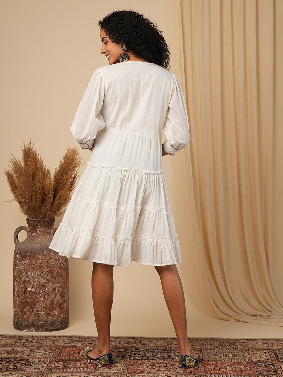 Women Off-White Embroidered Yoke Tiered Knee-Length Dress