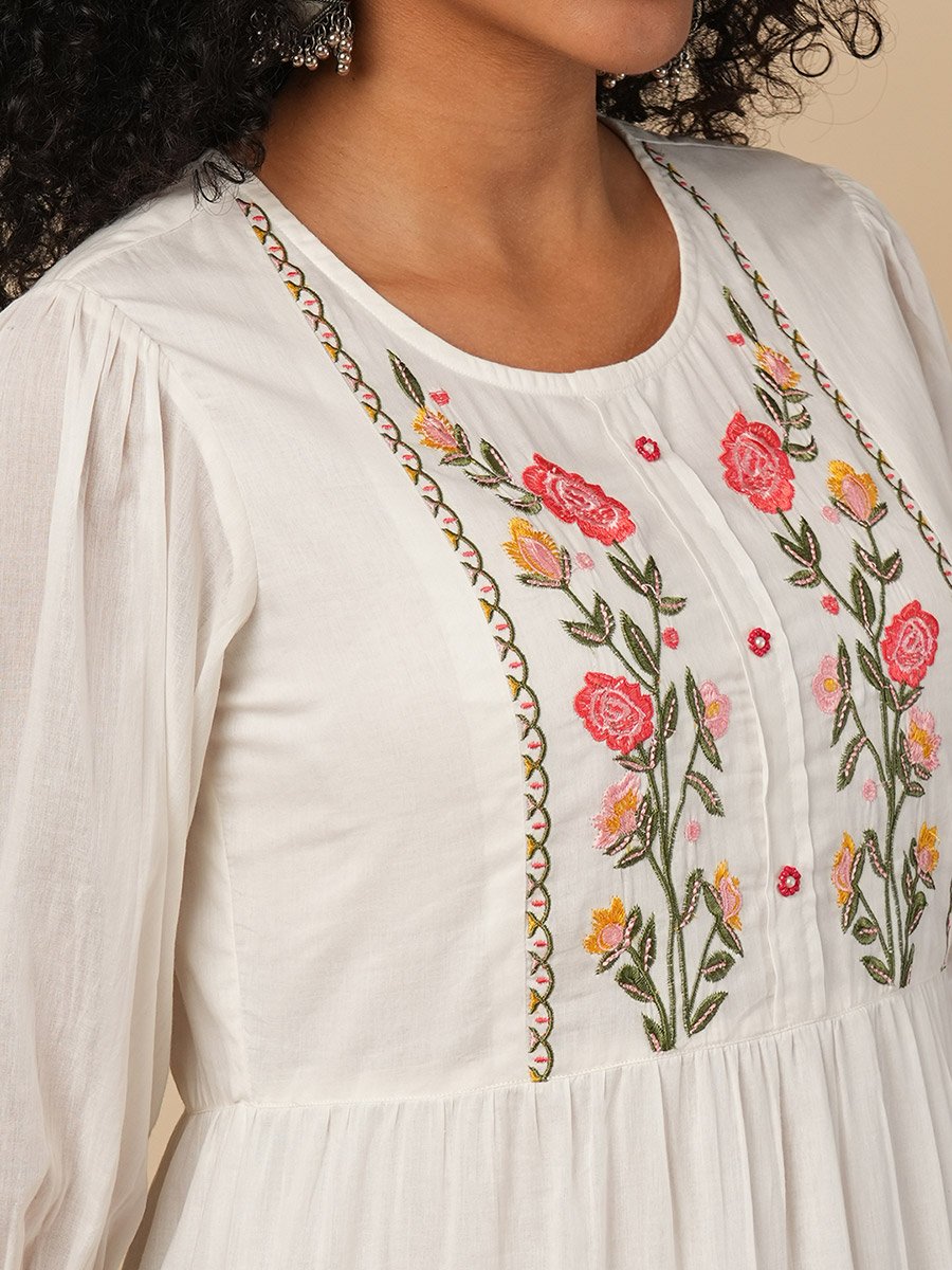 Women Off-White Embroidered Yoke Tiered Knee-Length Dress