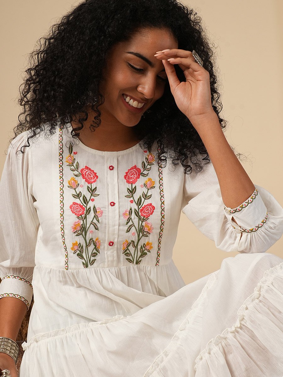Women Off-White Embroidered Yoke Tiered Knee-Length Dress For Women at Saudi | Styli Women Off-White Embroidered Yoke Tiered Knee-Length Dress For Women at Saudi | Styli