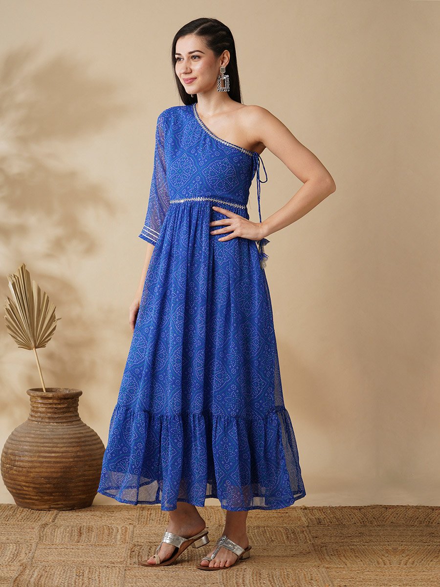 Women Blue Bandhani Print One Shoulder A-Line Maxi Dress with Sequin Detail