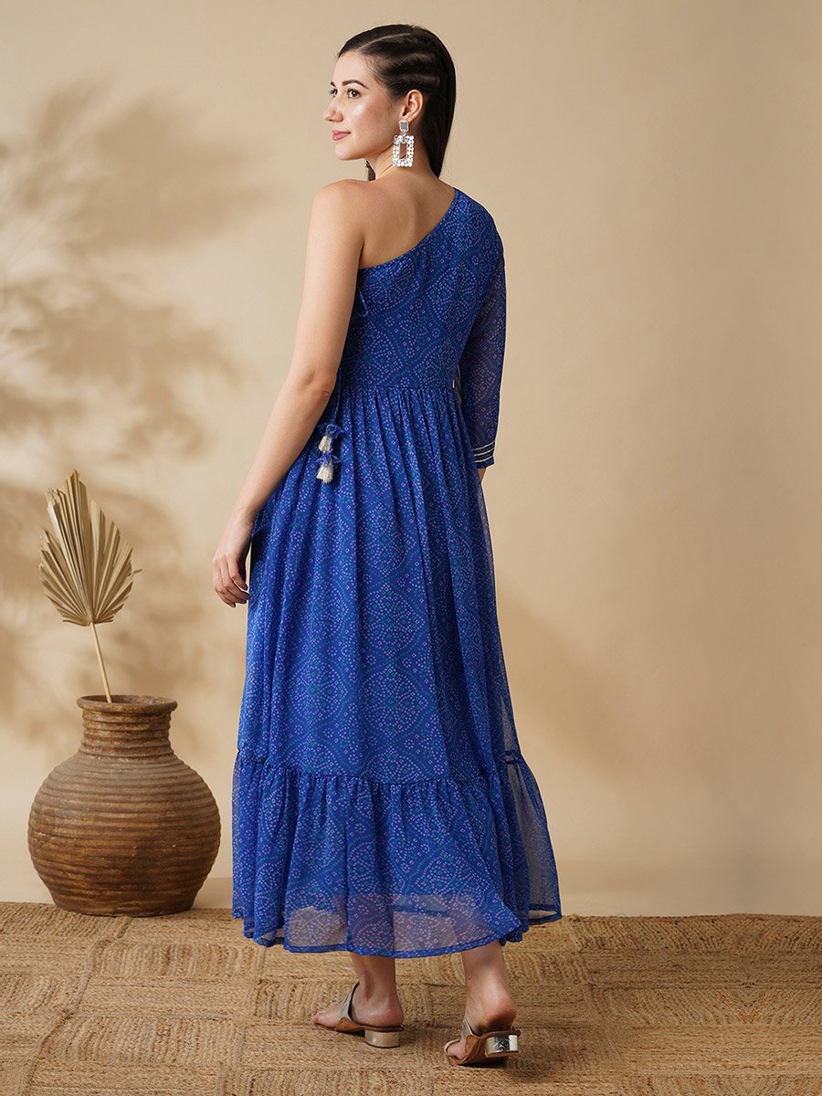 Women Blue Bandhani Print One Shoulder A-Line Maxi Dress with Sequin Detail