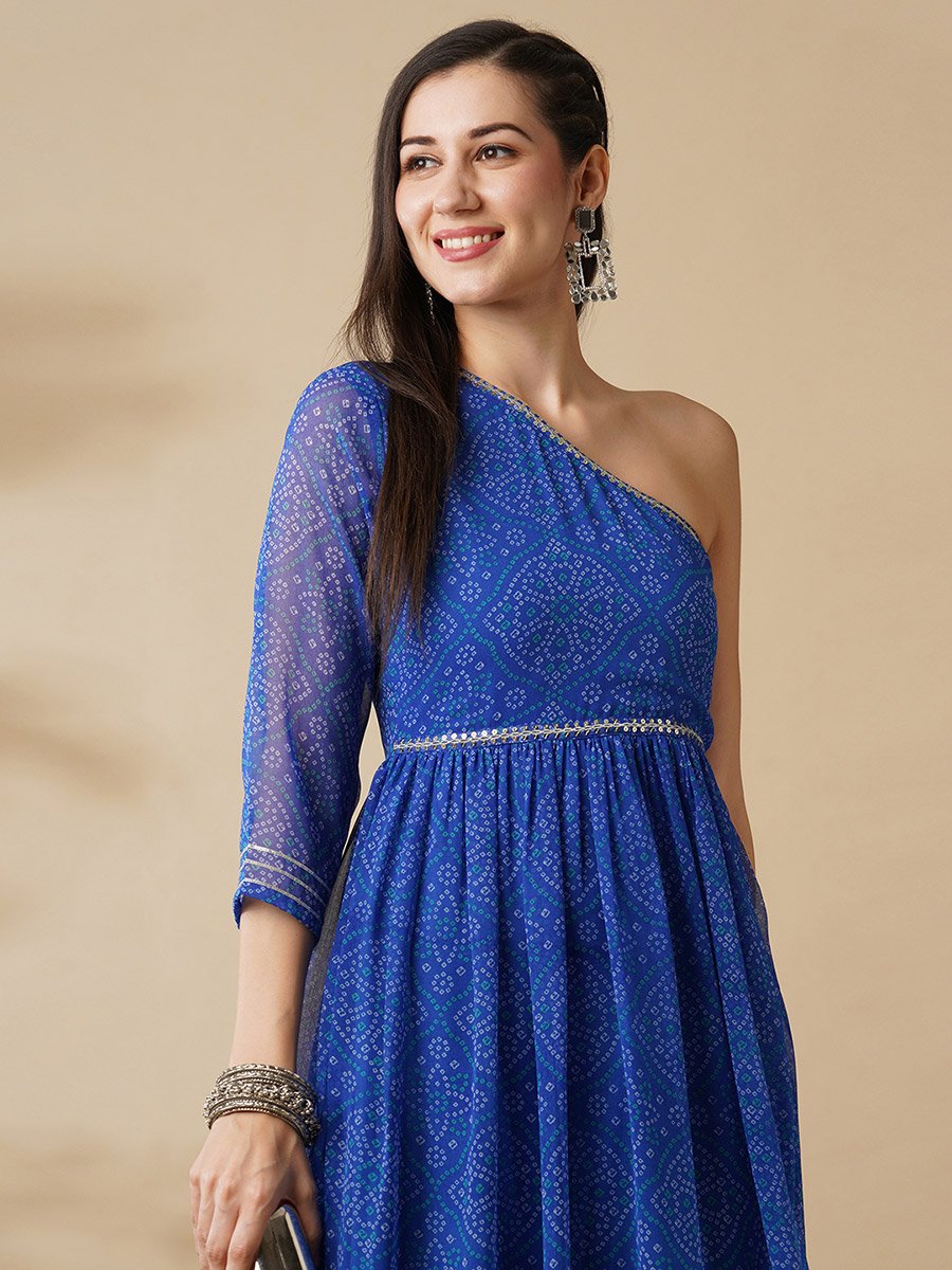 Women Blue Bandhani Print One Shoulder A-Line Maxi Dress with Sequin Detail
