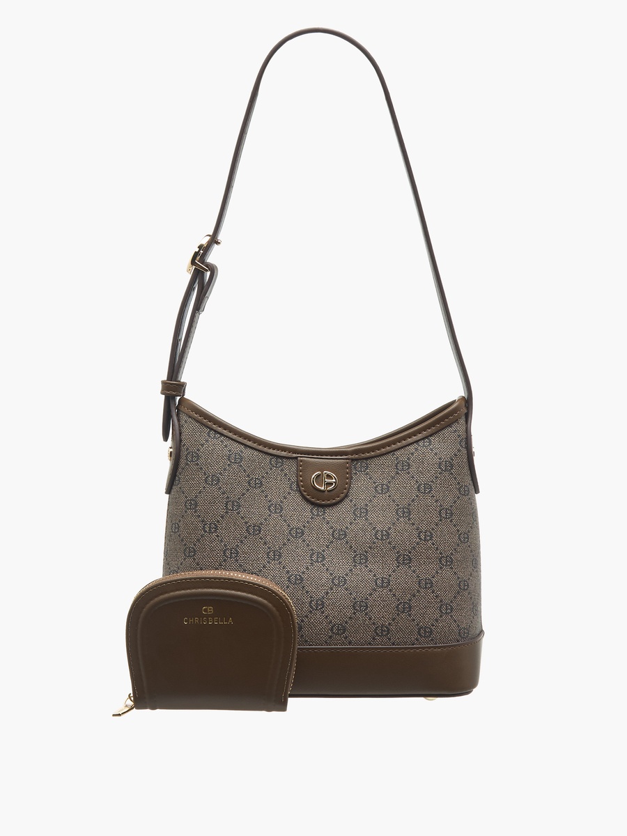 Monogram Print Hobo Bag with Adjustable Strap and Wallet