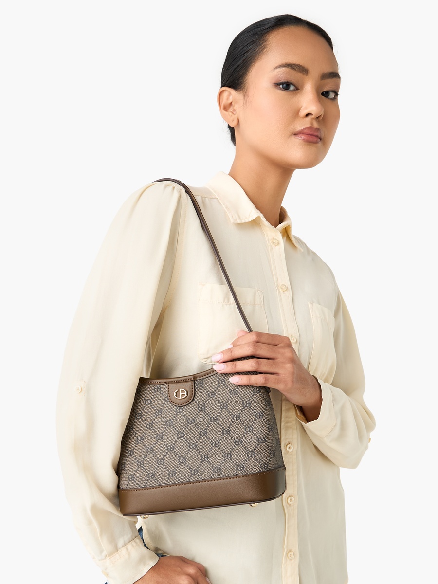 Monogram Print Hobo Bag with Adjustable Strap and Wallet