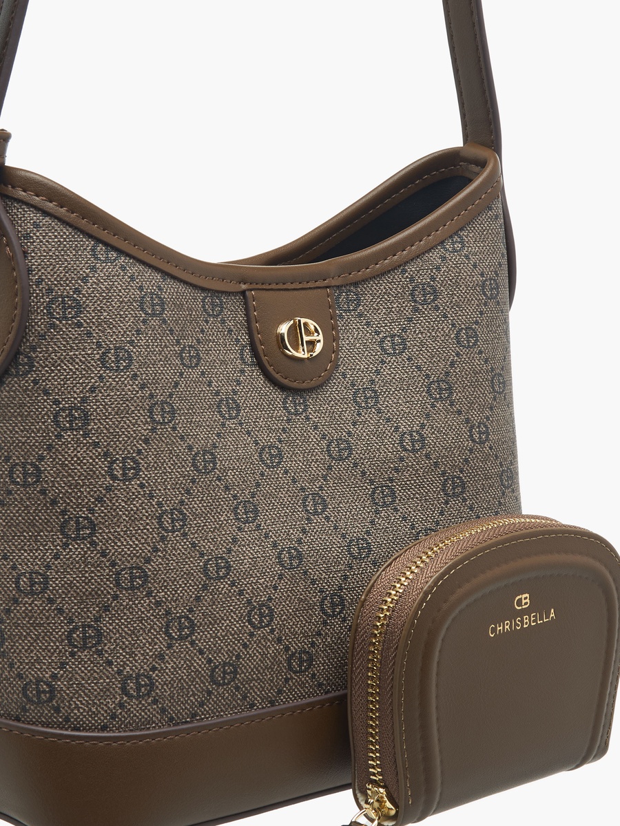 Monogram Print Hobo Bag with Adjustable Strap and Wallet