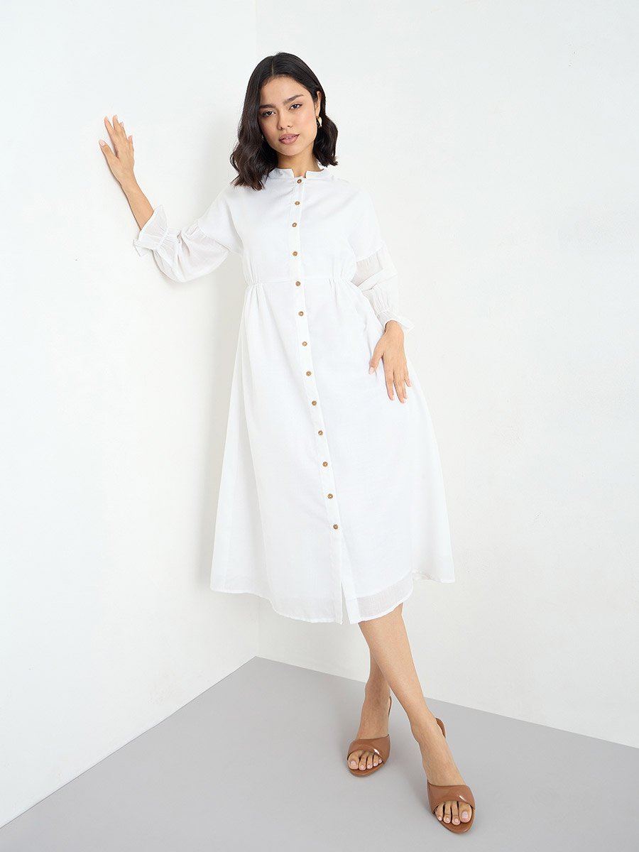 White Buttoned Midi Dress with 3/4 Sleeves